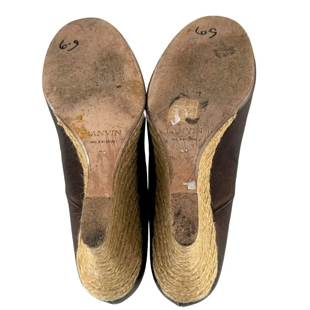 LANVIN Bronze Metallic Brown Leather Espadrille Wedge Heels Size 39